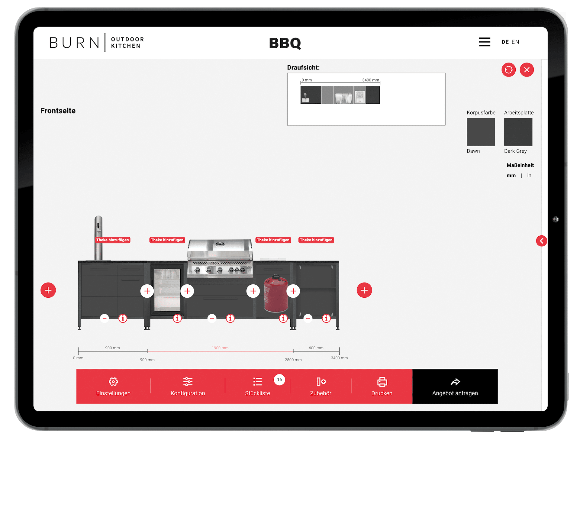 Burn Outdoorküchen Konfigurator auf iPad Display zur digitalen Planung moderner Outdoor-Küchen von art of fire