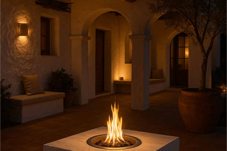 Outdoor-Feuertisch in weißer Marmoroptik von Art of Fire für moderne Außenbereiche