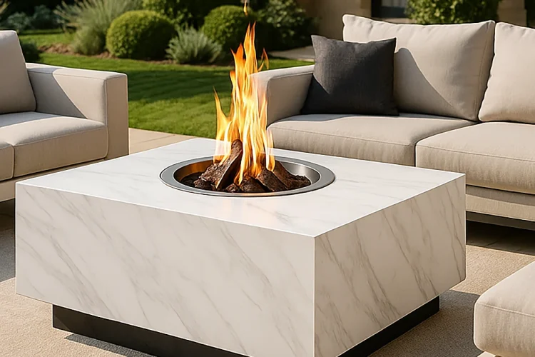 Outdoor-Feuertisch in weißer Marmoroptik von Art of Fire für moderne Außenbereiche